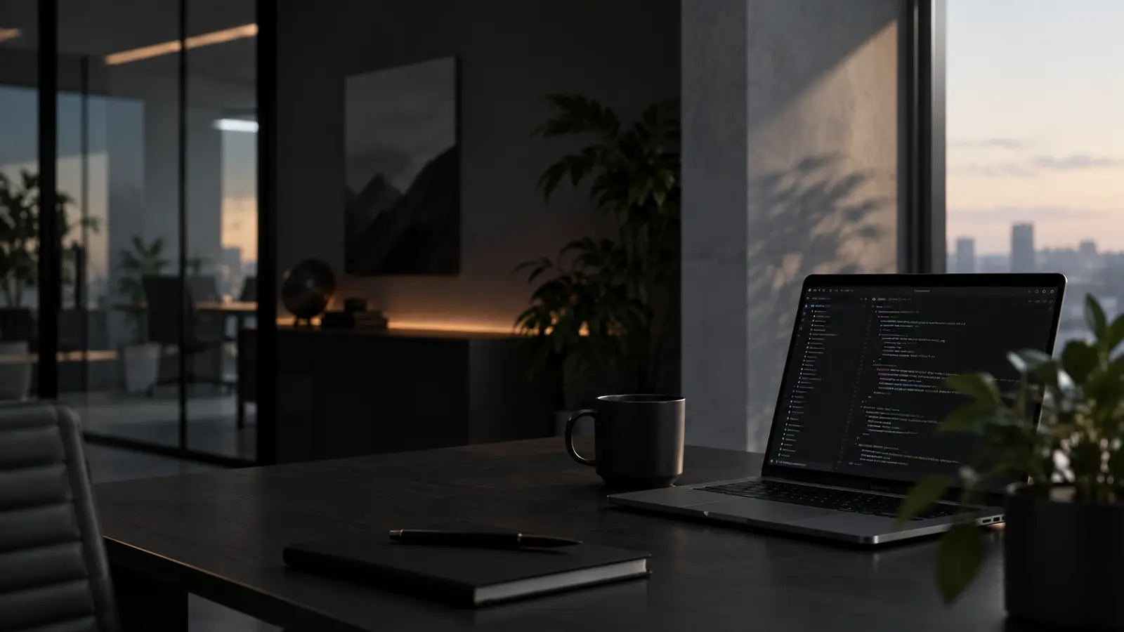 Arbeitsplatz in der Dämmerung: ein Laptop mit geöffnetem Editor auf einem dunklen Schreibtisch, dahinter Fensterfront mit Blick über die Stadt